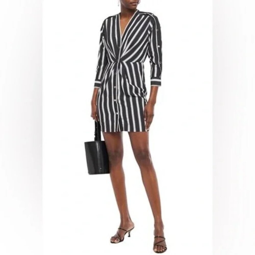 Sandro Paris Camelia Pleated Striped Mini Shirt Dress Size 42 (10) Black White